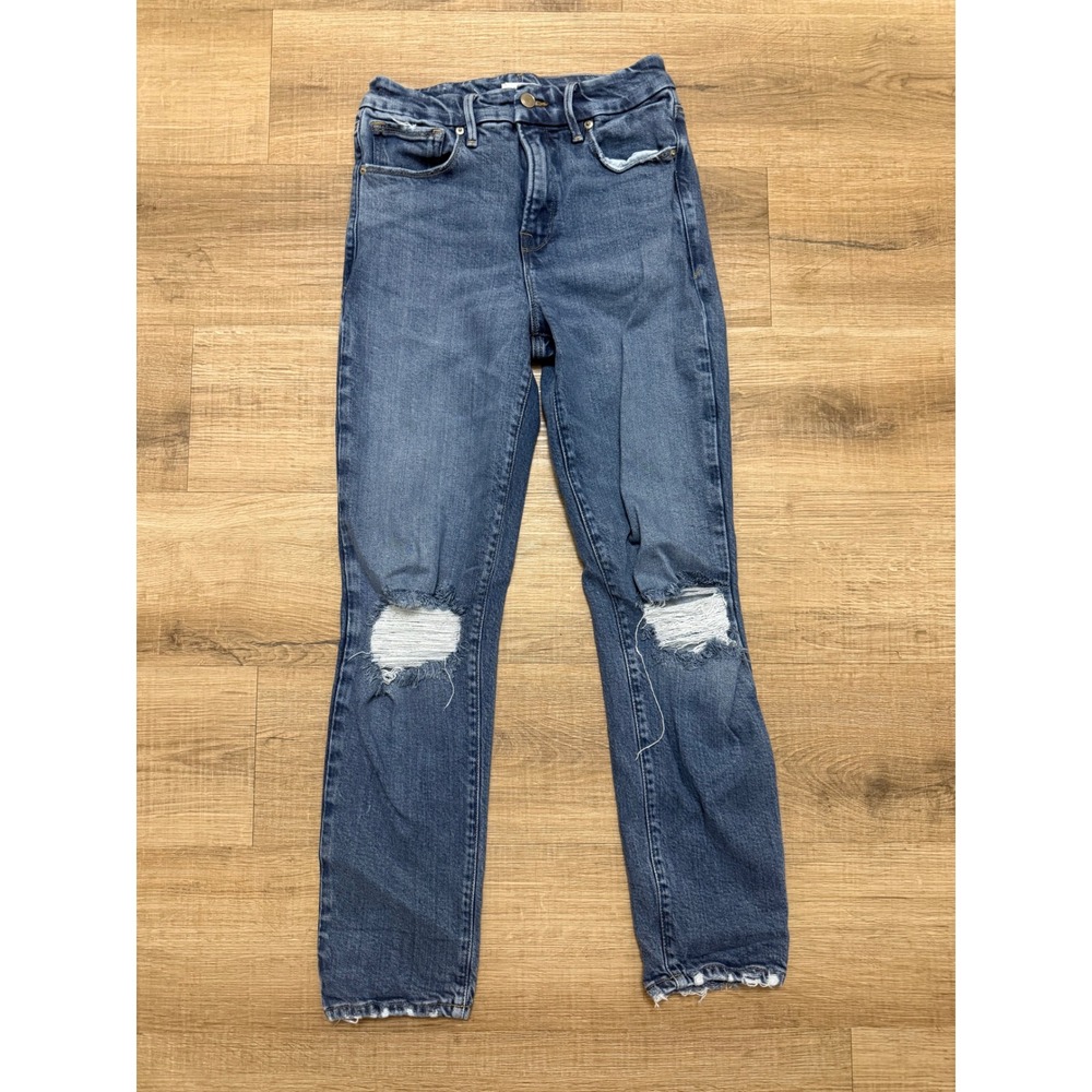 Good American Good Classic High Rise Straight Distressed Jeans Indigo Size 2/26